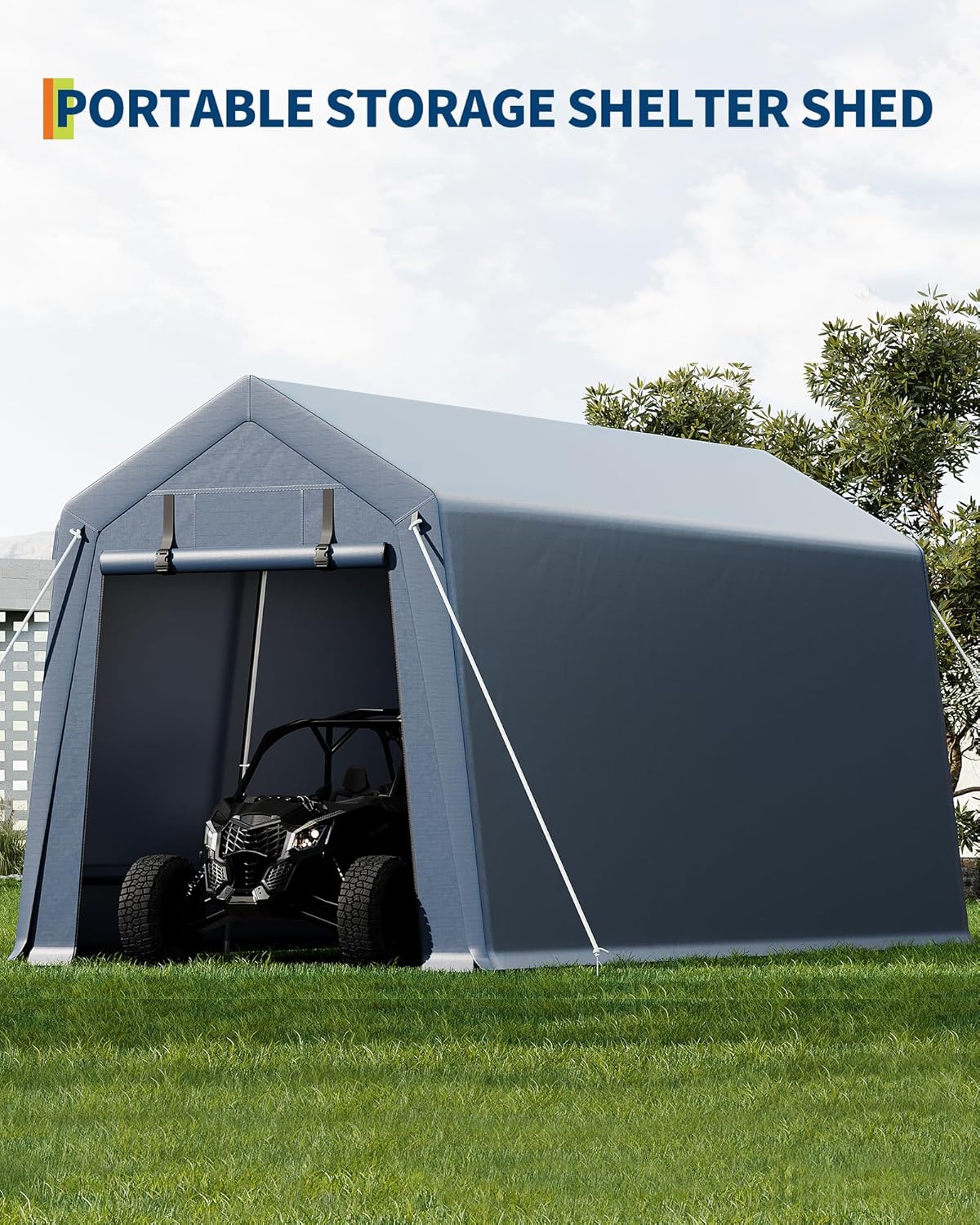 7x15FT Outdoor Storage Shed, Portable Carport with Roll-up Ventilated Zipper Door and Windows, Heavy Duty Waterproof Tarp, Storage Sheds for Motorcycle, Bike, Firewood, Garden Tools