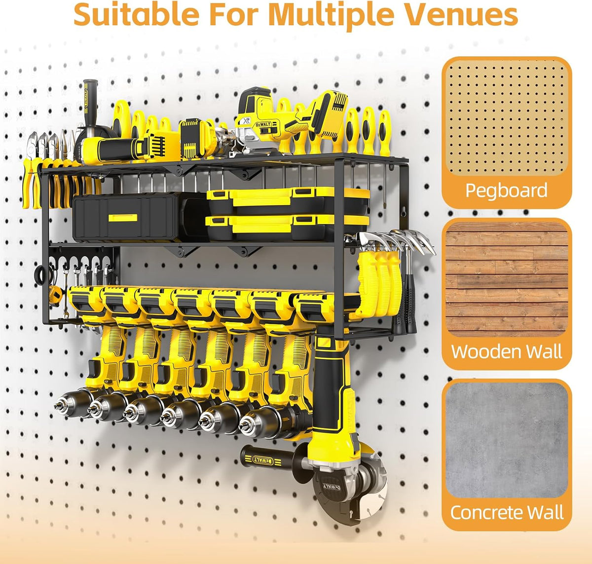 Power Tool Organizer Wall Mount Cordless,15 Min Fast Install Metal Garage Tool Storage Organizer Heavy Duty 3 Layers 7 Drill Power Tool Holder Storage Rack Tool Shelf Wall Mount for Shop Organization