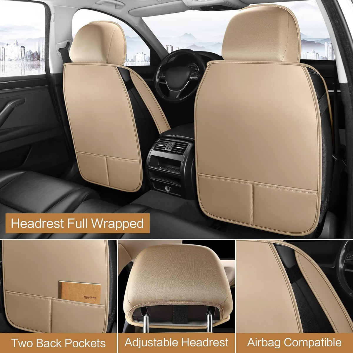 Pariitadin Leather Car Seat Covers Full Set, Waterproof Breathable Faux Leather Automotive Seat Covers for Cars, Non-Slip Car Interior Covers Universal Fit Most Cars Sedans Trucks SUVs, Beige