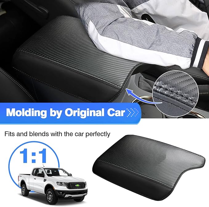 Autorder Center Console Cover for 2019-2023 Ford Ranger Accessories Armrest Cover Carbon Fiber Middle Console Pad Anti-Scratch Armrest Protector (NOT for 2023 Ranger XL/Raptor/Wildtrak)
