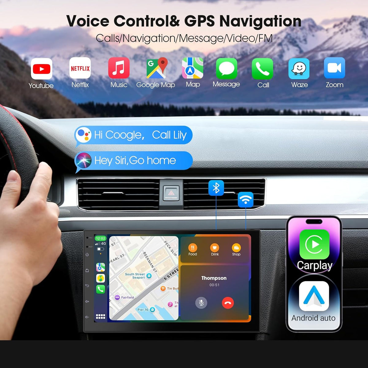 Wireless CarPlay Screen for Car & Android Auto Head Unit - Touchscreen 7 Inch Double Din Car Stereo with Backup Camera for All Cars (2+32GB)