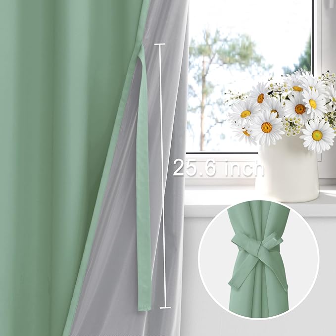 XWZO 100% Blackout Curtains 2 Panels with Tiebacks- Extra Long Heat and Full Light Blocking Window Treatment with Grommets for Bedroom/Nursery, Light Sage, W52 x L108 Inches Long, Set of 2
