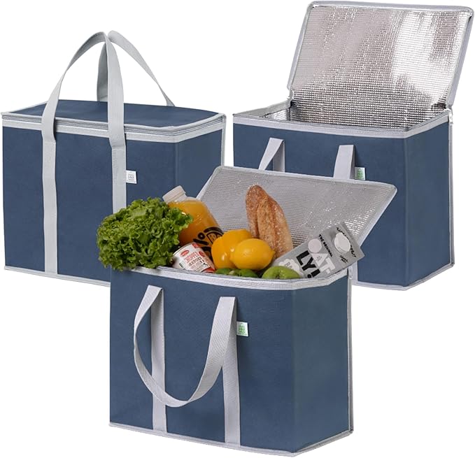 VENO 3 Pack Cooler Bag Insulated Reusable Grocery Shopping Bag, Food Delivery, Heavy Duty, Large Size, Durable Handles, Double Zippers, Lid, Collapsible (Dark Blue, 3 Pack)