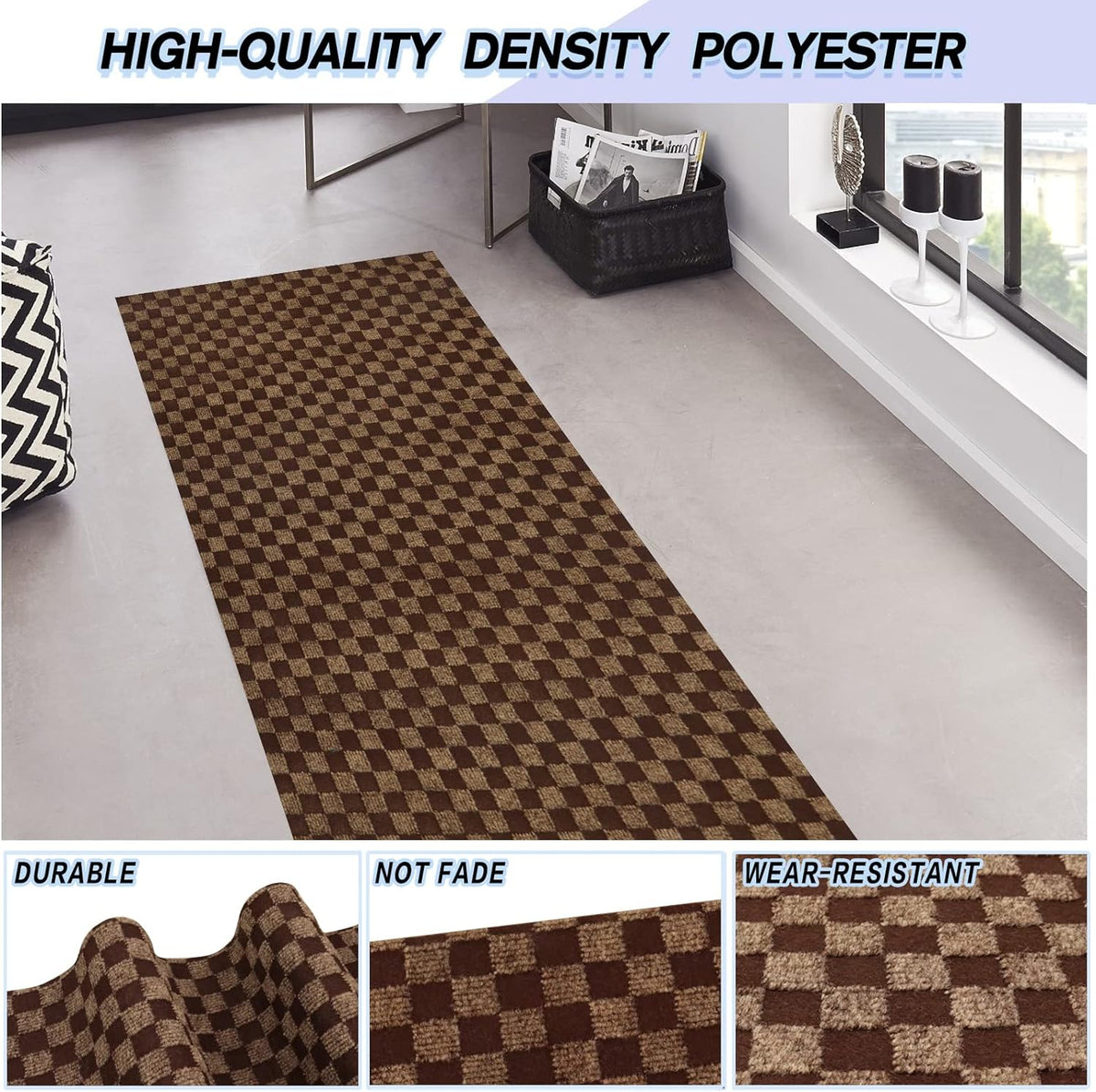 Custom Size Backed Non-Slip Area Rugs Runner, Easy Clean, Waterproof Runner Rugs for Hallway Entryway, Kitchen, Laundry, 4FT x 11FT, Brown Checkered
