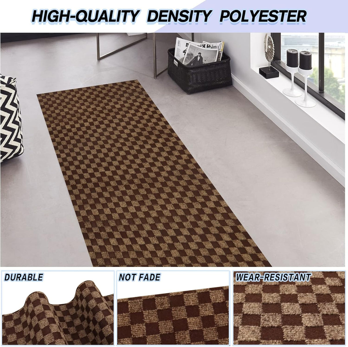 Custom Size Backed Non-Slip Area Rugs Runner, Easy Clean, Waterproof Runner Rugs for Hallway Entryway, Kitchen, Laundry, 3FT x 71FT, Brown Checkered