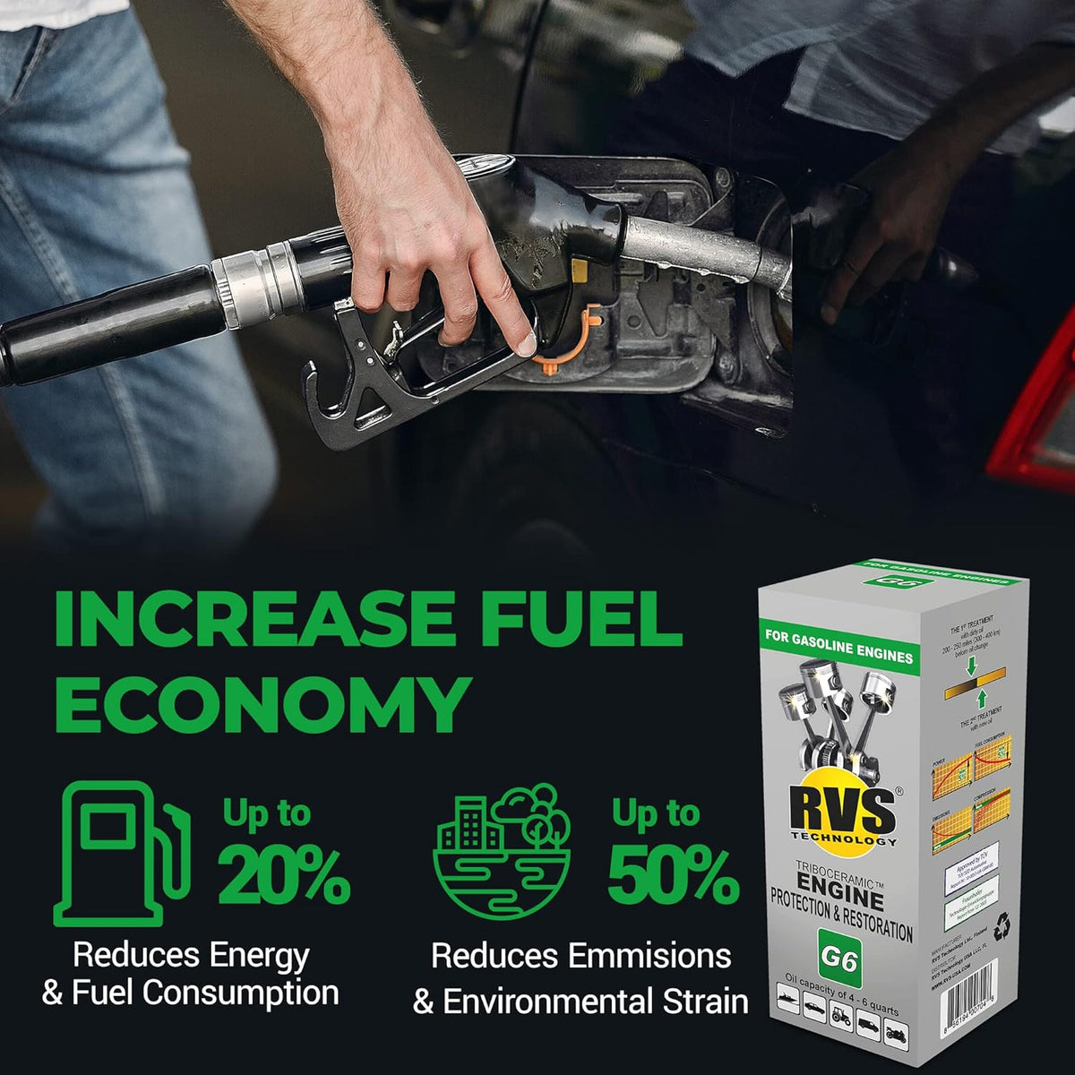 G6 Engine oil Treatment; For Gasoline Engines with a Motor oil capacity up to 6 quarts; Save fuel, Boost Power and Safely Restore and protect your Car, Truck, and all other engines