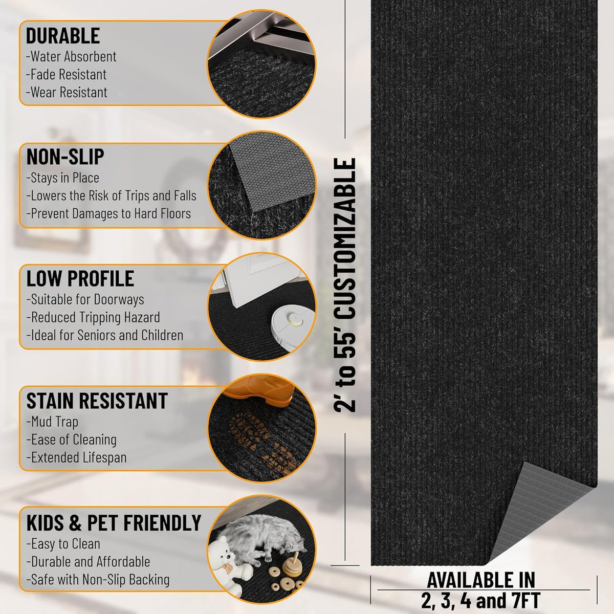 Ottomanson 2' x 13' Hallway Runner with Scraper Pile Extra Durable Non-Slip Rug Mat for Indoor & Outdoor Use - Ideal for Kitchen, Entryway, Patio & Garage - High-Traffic Carpet, Black
