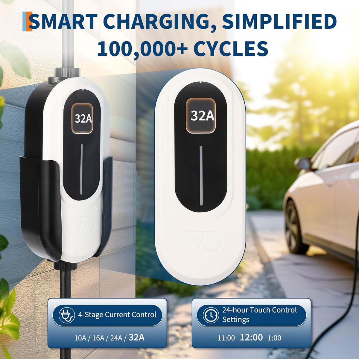 Level 2 EV Charger, 32A 240V Voltage, NEMA 14-50 Plug, 25ft Cable, Adjustable Current/Delay Timer, SAE J1772 Listed Portable Electric Car Charger for Indoor/Outdoor Use