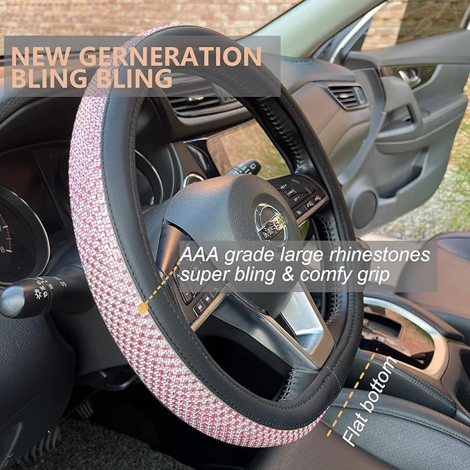 PINCTROT D Shaped Bling Comfy Steering Wheel Cover with Jumbo Crystal Rhinestones, Anti-Slip Diamond Leather, Flat Bottom 14.5-15 Inch (Pink)