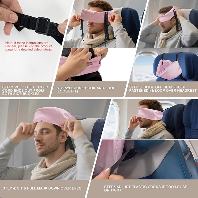 Travel Pillows for Airplanes, Airplane Head Strap with Silk Eye Mask for Sleeping, Long Flights & Car Road Trips 360°Headrest Neck Support, Stops Bobbing, Small & Compact (Pink)