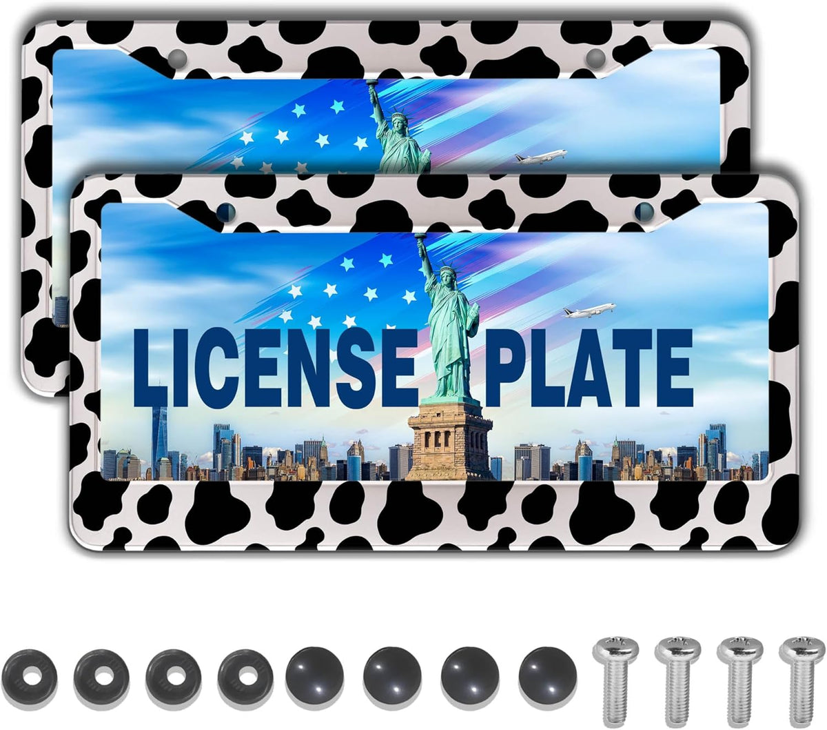 License Plate Frames Black and White License Plate Frame Animal Cow Print White Black Spot Design Universal Aluminum Car Accessory 2 Pack with Screw Covers Set