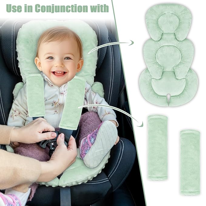 GFU Infant Car Seat Insert Head and Body Support, Reversible Newborn Insert for Carseat with Strap Pads, Soft Stroller Cushion Pillow Insert for Boys and Girls, Fits for Stroller, Swing, Green