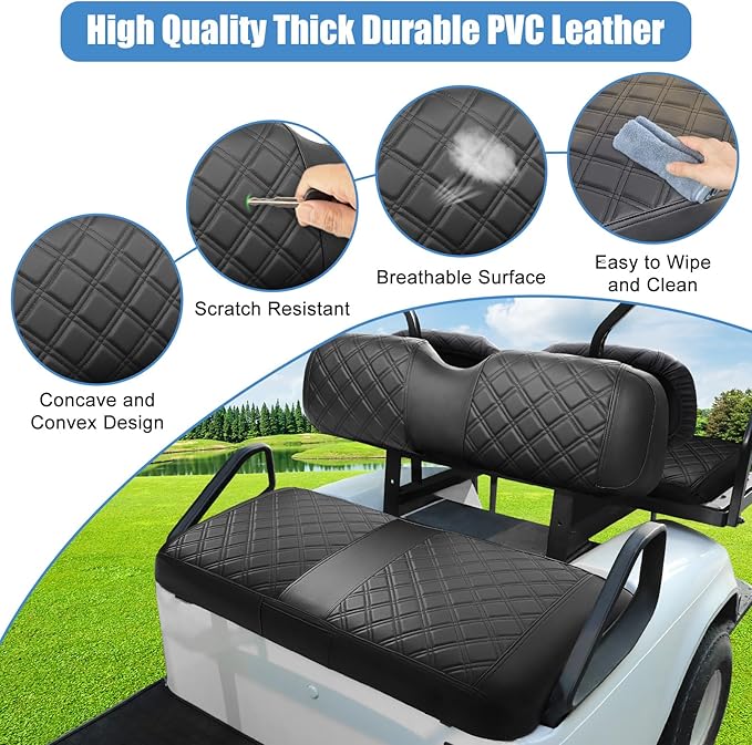 EZGO Seat Cover, Golf Cart Front Seat Cover Fit for EZGO TXT 1994-2013 and EZGO RXV OEM Ordinary Seat Cushion, Concave and Convex Design Appearance, Thick Vinyl Leather Comfortable/Breathable/Anti-Fad