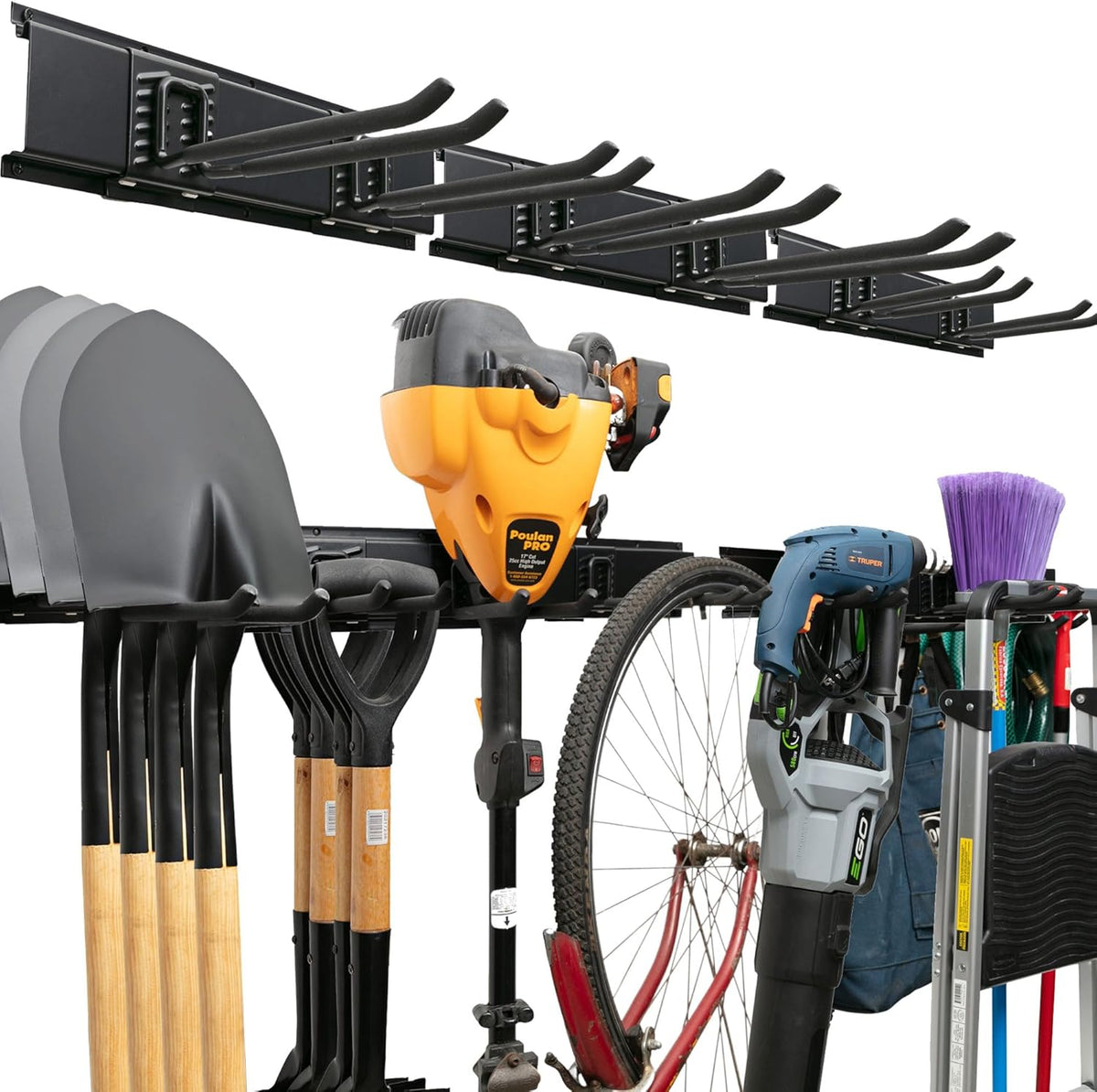 Garage Wall Organizer | 51" Heavy-Duty Tool Storage Rack | Adjustable Double-Layer Hooks | 320 lbs Capacity | Carbon Steel Wall Mount Holder for Shovels, Rakes, Ladders & Power Tools