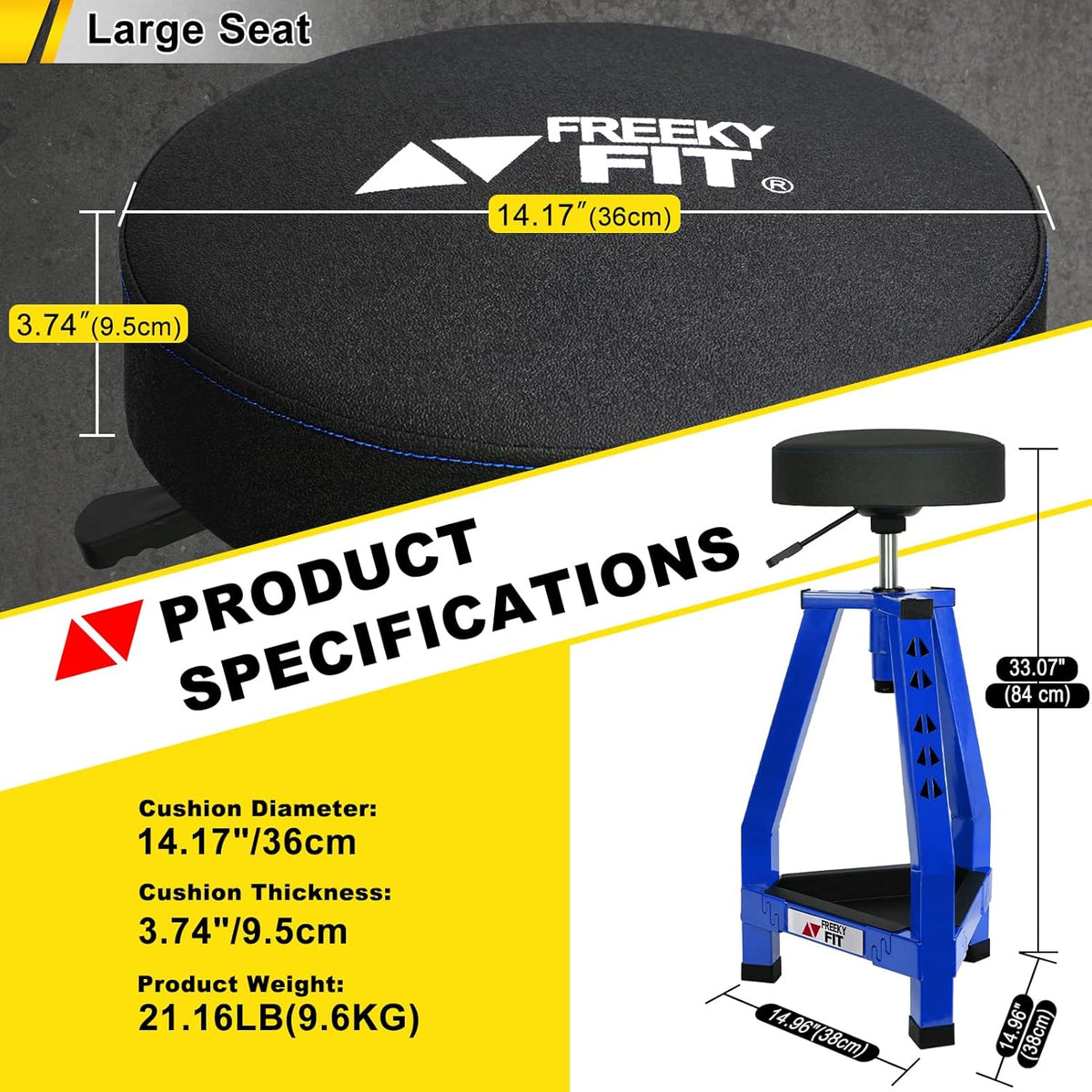 Adjustable Tall Shop Stool, Mechanics Garage Stool Chair, Work Metal Chair for Workshop, Adjustable Height, 360° Swivel Padded Seat, Tool Tray Storage, 350 LBS Capacity, Heavy Duty, Blue