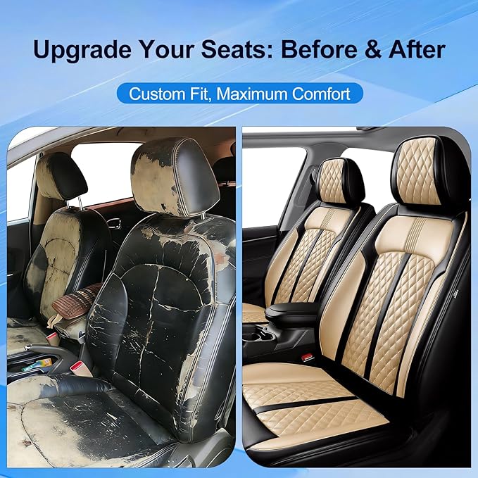 Fit Sonic Car Seat Covers for Select Chevrolet/Chevy Sonic 2012-2020, Premium Full Coverage Leather, Airbag Compatible, Waterproof All Weather Seat Cushion Protector, Full Set, Black+Beige