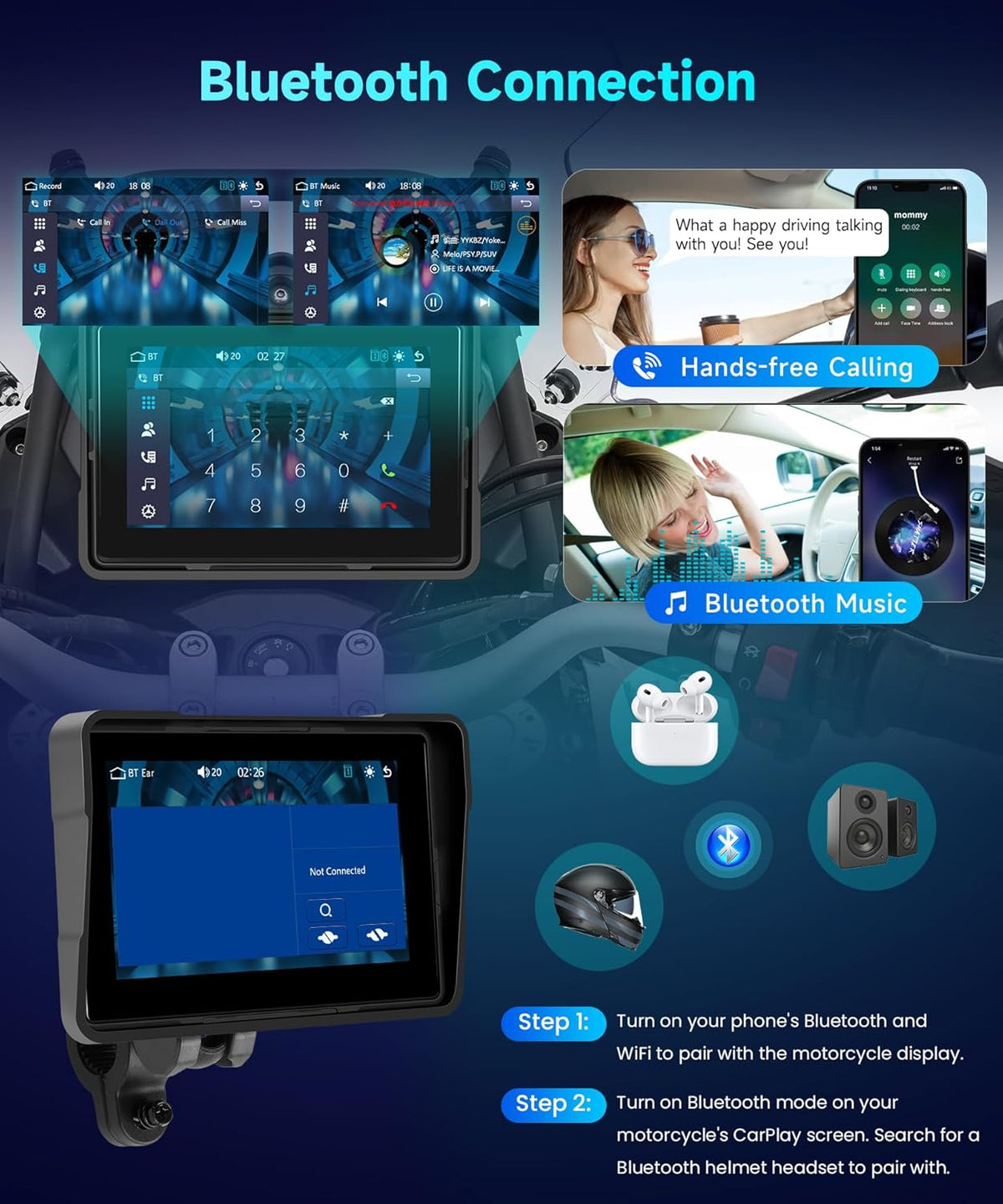 HD IPS Touch Screen Portable Wireless Apple Carplay Screen for Motorcycle &Wireless Android Auto GPS Navigation for Motorcycle,Car Play,Dual Bluetooth Waterproof,Siri Voice Control 5Inch for Motorbike
