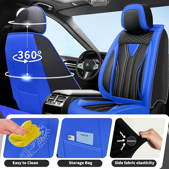 Fit Leaf Car Seat Covers Compatible with Nissan Leaf 2012-2025 2026 - Full Set Premium Leather， Waterproof Breathable， All-Weather Seat Cushion Protecto&Airbag Compatible （Blue & Black