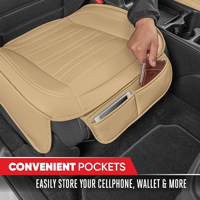Motor Trend Seat Covers for Cars Trucks SUV, Faux Leather Beige Padded Seat Covers with Storage Pockets, Premium Interior Car Seat Cover, 2 x Front Seat Covers