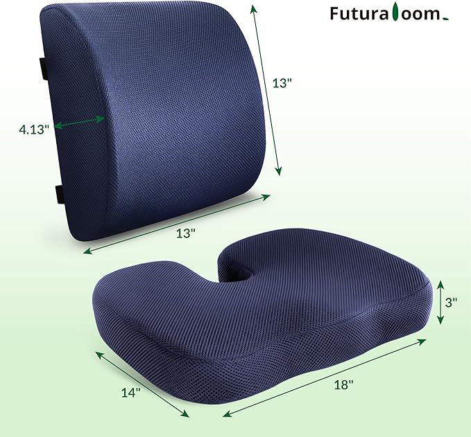 Charcoal Memory Foam Seat Cushion & Adjustable Lumbar Pillow Set - Back Support for Pain Relief (Sciatica,Tailbone),Washable & Non-Slip,Multipurpose for Office,Car,Wheelchair - Navy Blue