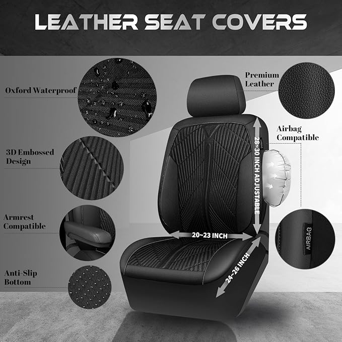 CAR PASS Leather Oxford Car Seat Covers Full Set, All-Weather Non-Slip Durable, Universal Fit for SUVs Sedans Trucks Vans Automotive, Armrest Airbag Compatible, 3D Emboss 5 Black
