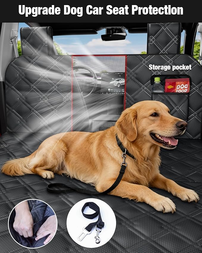 Dog Car Seat Cover for Back Seat Compatible with Tesla Model Y — Hard Bottom Pet Travel Hammock with Seat Extender, Waterproof Backseat Dog Cover with Door & Headrest Protectors