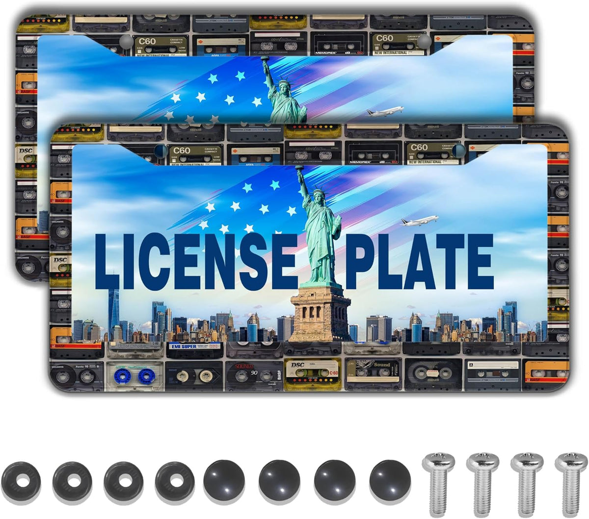 License Plate Protector Multicolor License Plate Frames Vintage Cassette Music Tape Aluminum Metal Car Accessory 2 Pack with Screw Covers Set