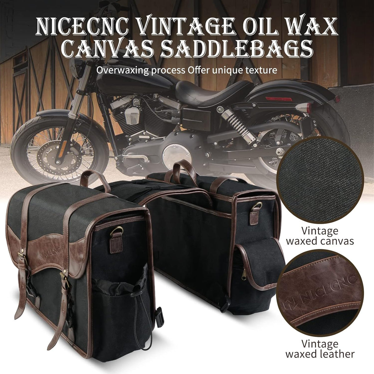 NICECNC Motorcycle Saddle Bags, Vintage Oil Waxed Canvas Saddlebags Motorcycle Panniers Side Throw Over Saddle Bags Compatible with Harley Honda Suzuki Yamaha Adventure Street Glide Brown