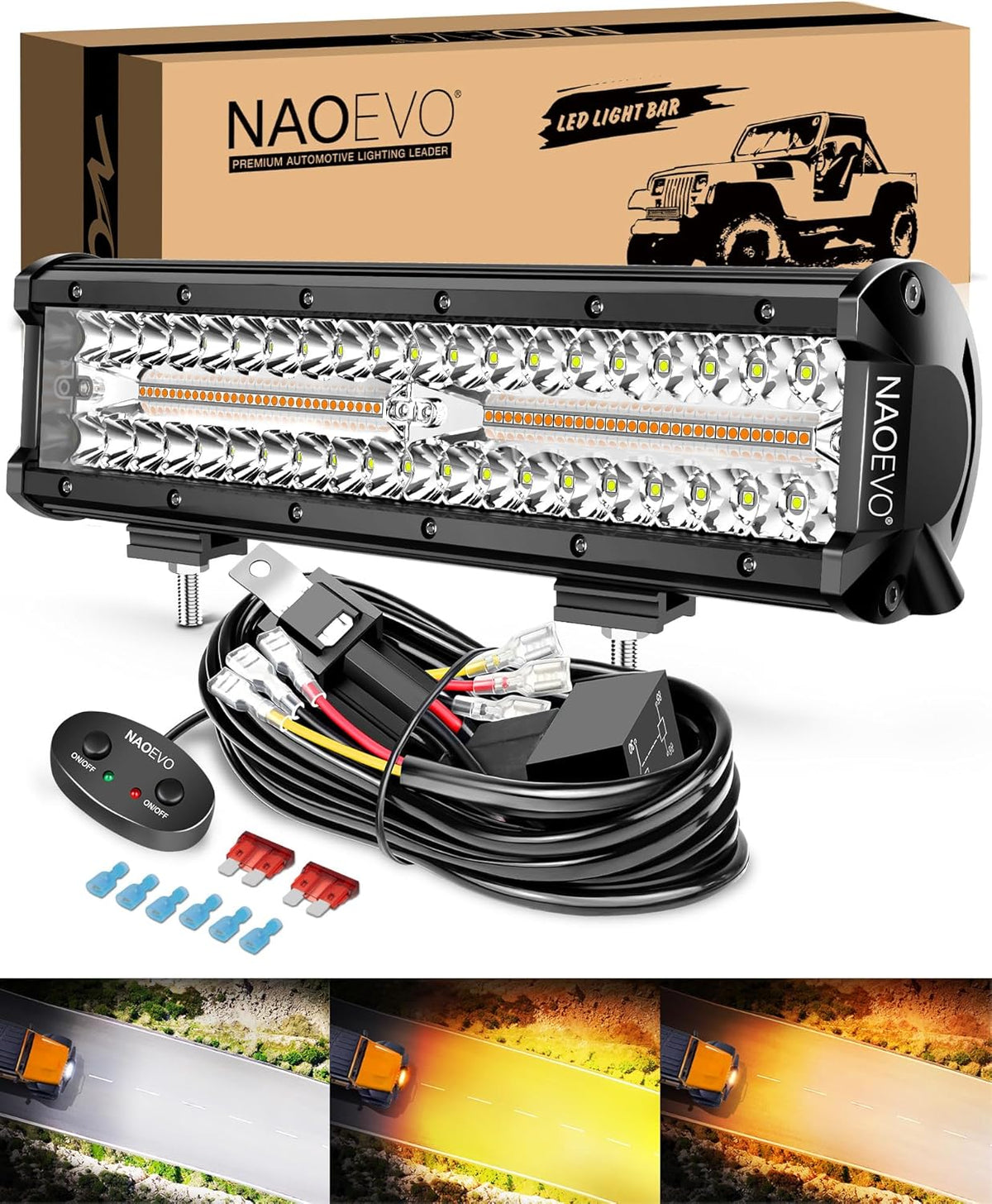 NAOEVO 12 Inch LED Light Bar, 300W 30000LM LED Offroad Fog/Driving Lights with 2 Leads Wiring Harness, Spot & Flood Combo, Work for Truck Boat UTV ATV, 1 Pc (White/Amber/White&Amber)