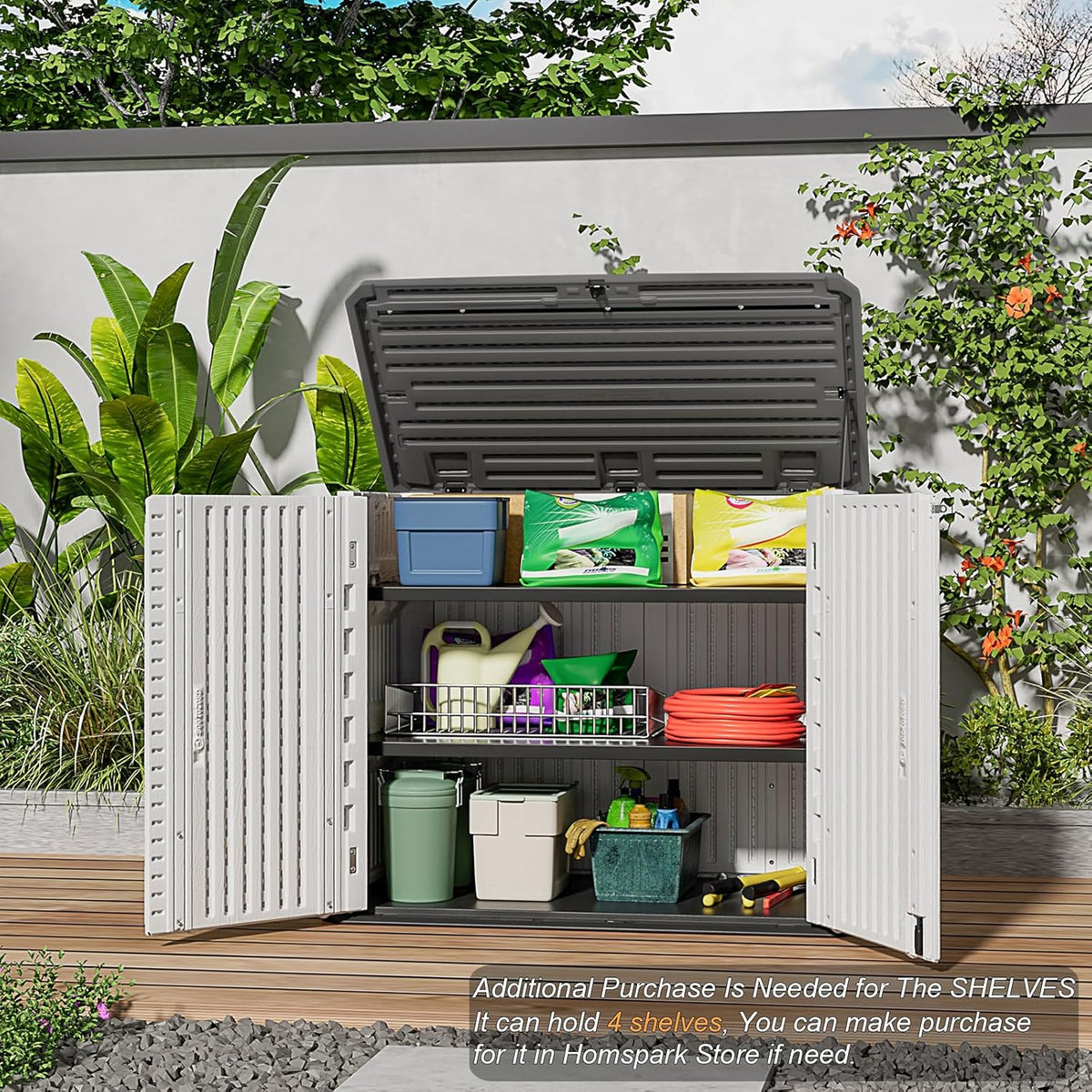 HOMSPARK Storage Shed Weather Resistance, Multi-Purpose Outdoor Storage Cabinet for Backyards and Patios, Horizontal Storage Shed for Lawnmower, Patio Accessories (Off-White, Large - 48 cu.ft)