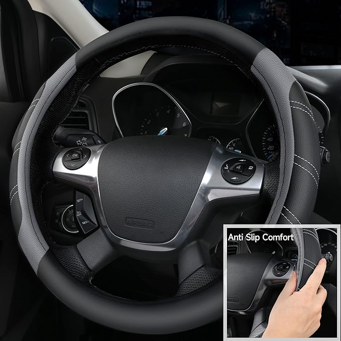 CAR PASS Leather Steering Wheel Cover and Waterproof Car Floor Mats,Microfiber Universal Car Combo Fit for 95% Sedan,SUV,Cars,14.5-15inch Sporty Anti-Slip Safety Comfortable Design(Black＆Gray)