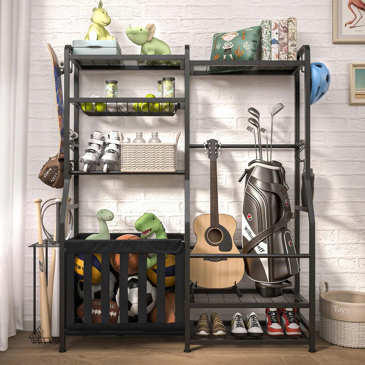 Garage Sports Equipment Organizer, Golf Bag Storage Rack, Heavy Duty Ball Holder with Basket & Hooks, Indoor/Outdoor Basketball Storage Bins for Toy Sports Gear Storage