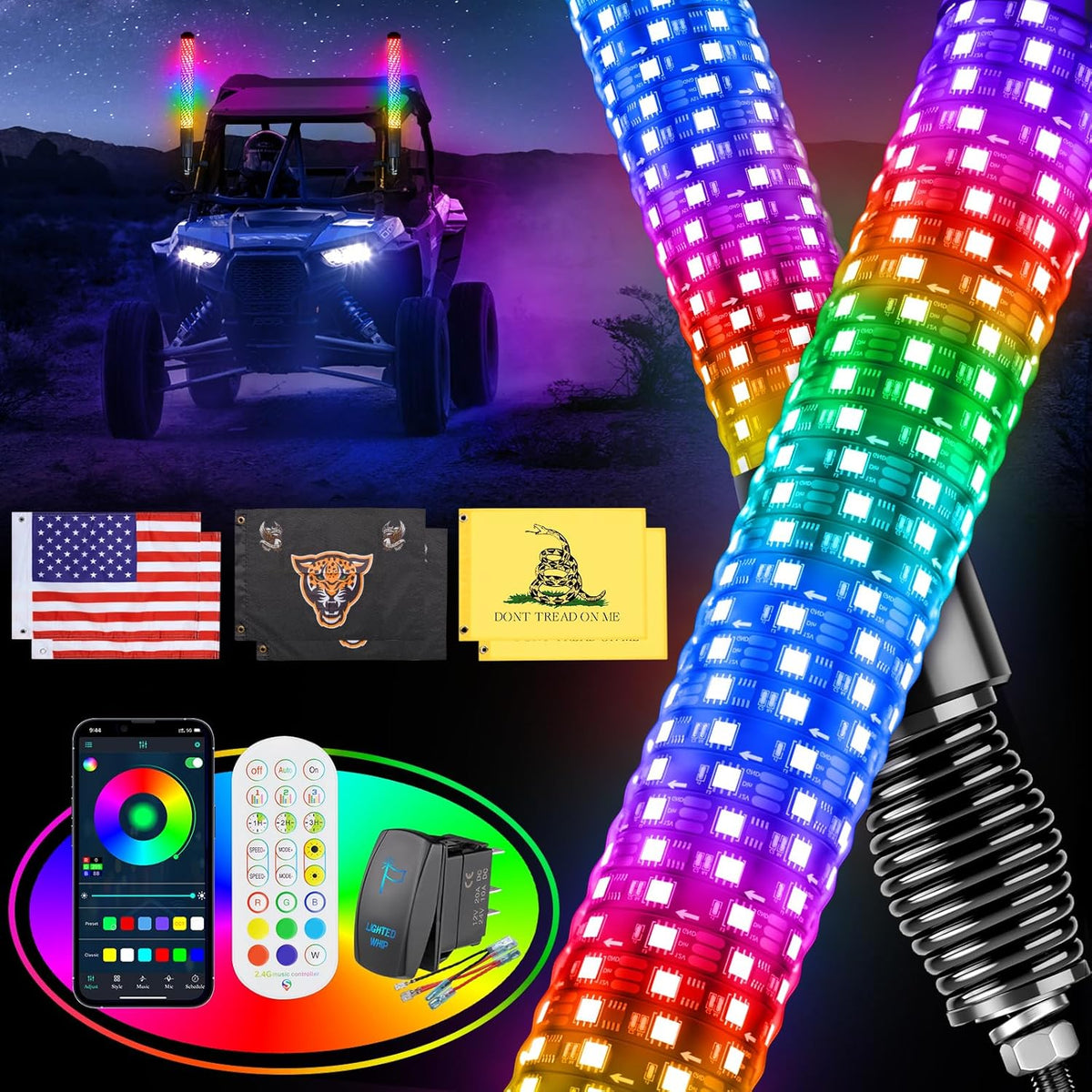 2PCS 2FT Fat Whip Lights for UTV ATV with Spring Base, Led Fatty Whip Light W/Rocker Switch & 6 Flags, Brighter Spiral Chasing Lighted Antenna Whip with APP & Remote Control for RZR SXS Can-Am