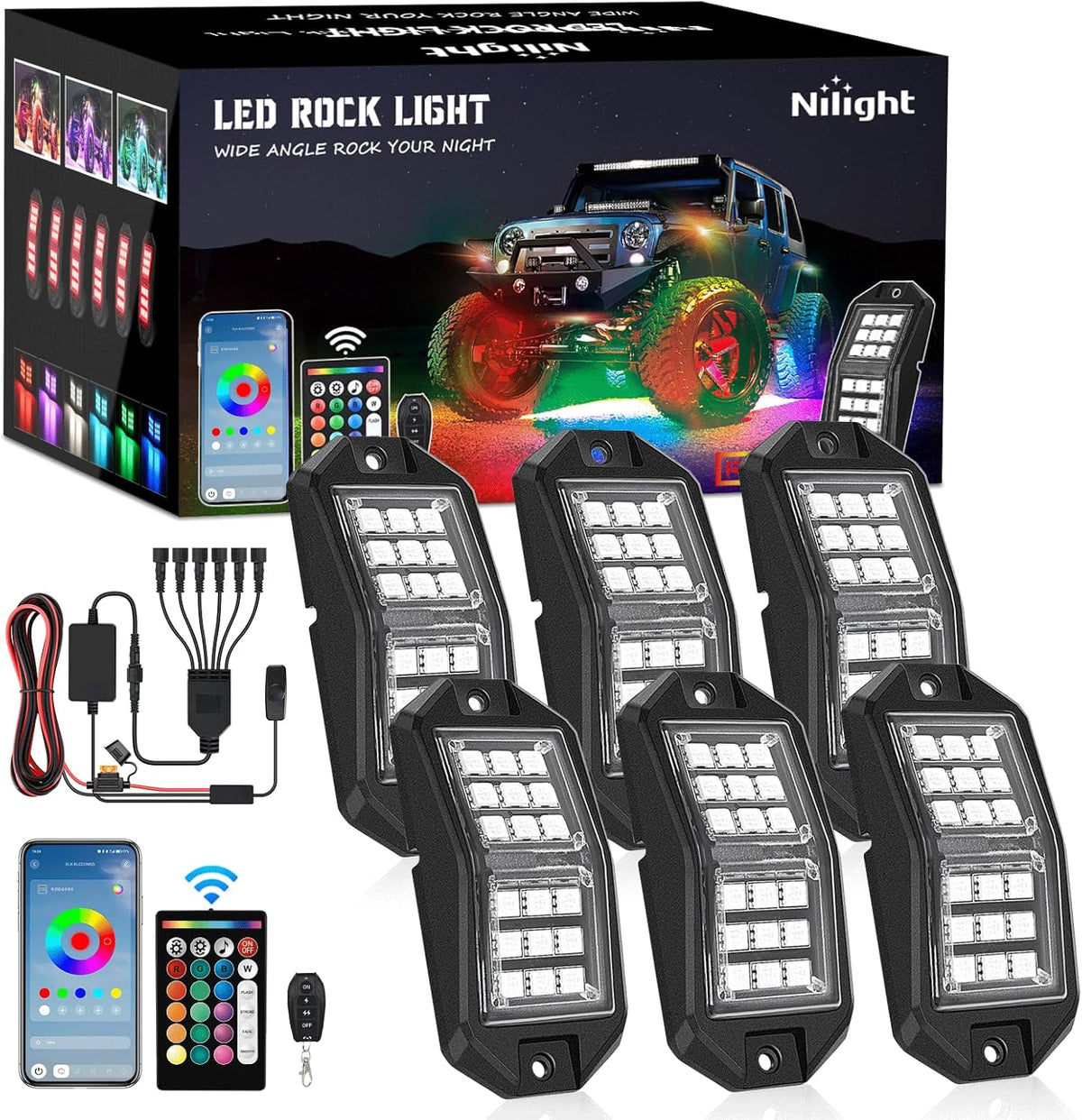 Nilight RGB LED Rock Lights Kit 6 PCS 18LED Wide Angle Wheel Well Light with Remote & Bluetooth App Dual Control Multi Modes Underglow Multicolor Neon Pod for ATV UTV SUV Offroad Truck RZR Boat
