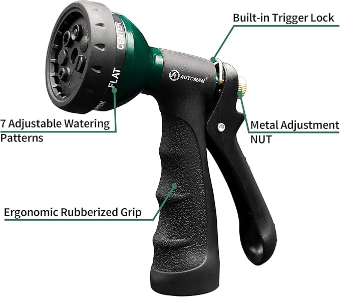 AUTOMAN-Garden-Hose-Nozzle, Metal Water Spray Nozzle with Heavy Duty 7 Adjustable Watering Patterns,Slip Resistant for Watering Plants,Lawn& Garden,Washing Cars,Cleaning,Showering Pets & Outdoor Fun.