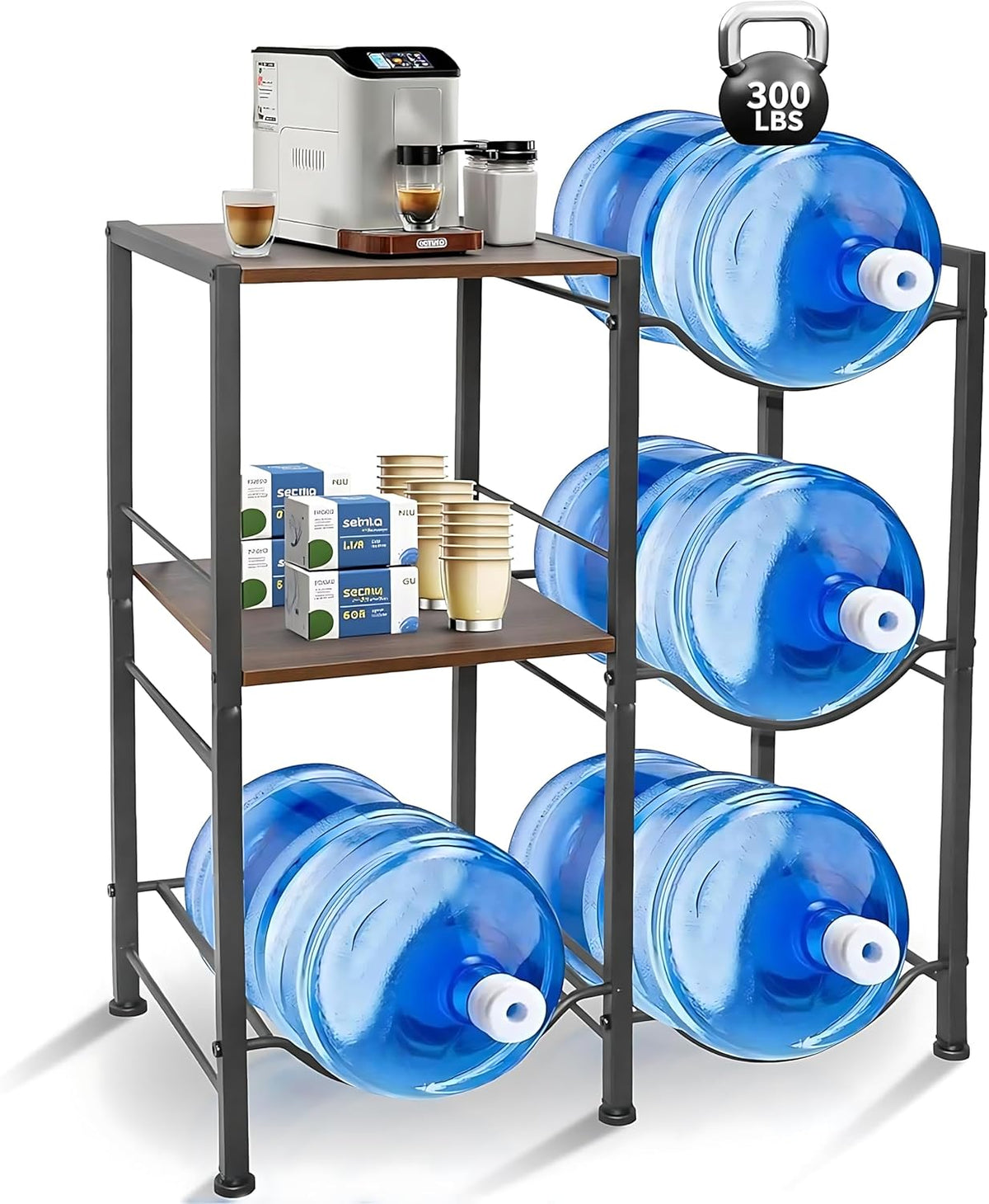 3-Tier 5 Gallon Water Bottle Holder, Heavy Duty Water Jug Rack with Wood Top Shelf, Water Dispenser Stand for Kitchen, Office, Garage