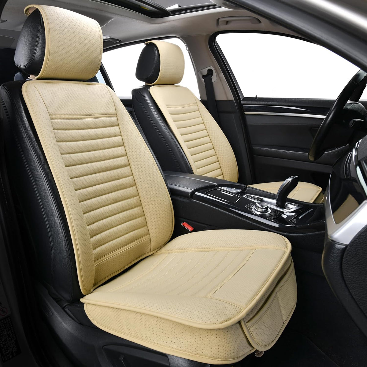 2pc Car Seat Covers, Luxury Car Protectors,Universal Anti-Slip Driver Seat Covers, Edge WrappingsFront Car Seat Covers with PU Leather(Beige)
