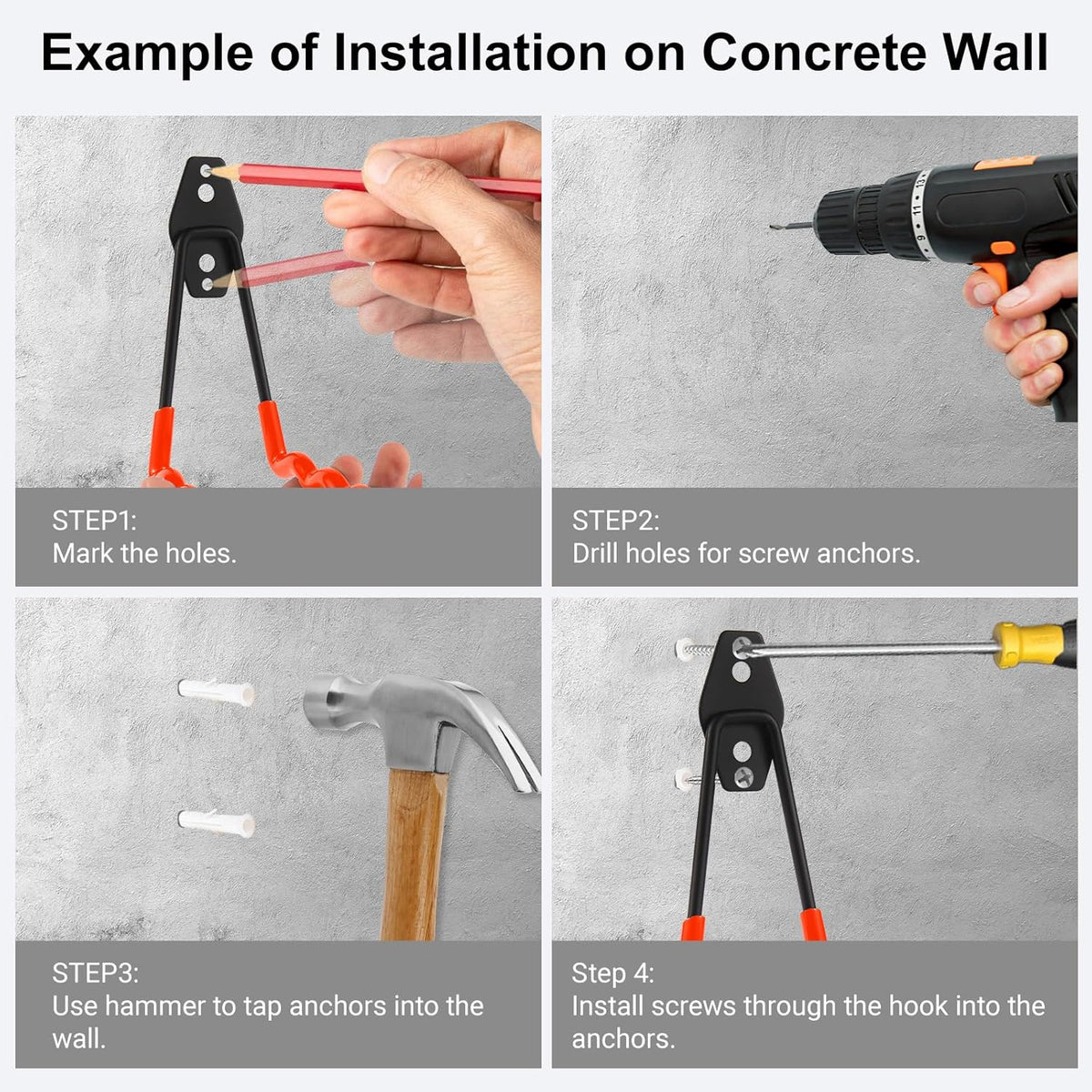 Wall Mounted Garage Hooks Tool Organizer, 12.4 Inch Garage Storage Hook Heavy Duty Utility Wall Hangers Orange for Ladders, Hose, Garden Tools, Set of 4