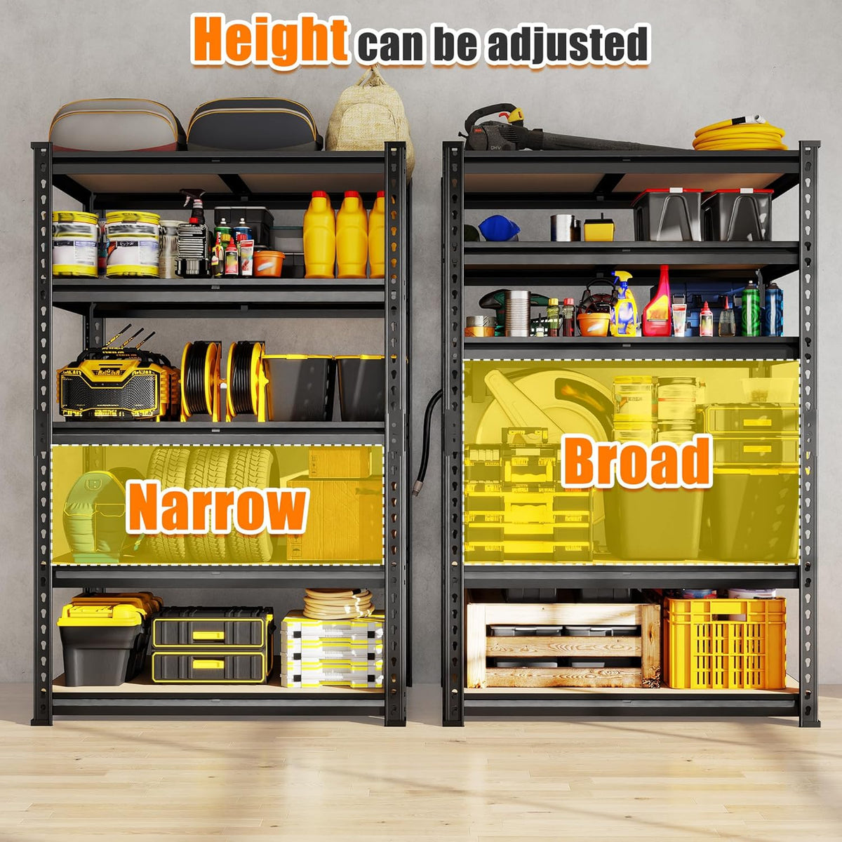 72.12" H Garage Shelving, Storage Shelves Load 2100LBS, 5-Tier Adjustable Shelving Unit with Thickened Wooden Boards for Multiple Scenarios, 72.12" H x 35.55" W x 11.85" D, Black, 4 Pack