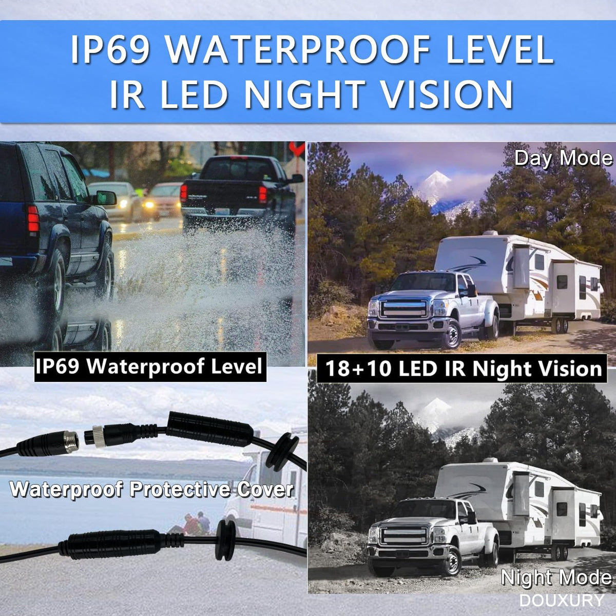 Backup Camera System with 9'' Quad Split 1080P Monitor for RV Trailer Semi Truck Camper Bus & 4 AHD Rear Side View Camera with DVR Record Function Night Vision IP69 Waterproof Avoid Blind Spot DOUXURY