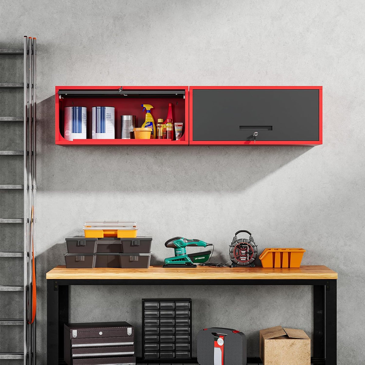 Yizosh Metal Wall Cabinet with Doors, Wall Mounted Storage Cabinet, Floating Tool Cabinet for Kitchen, Basement, Warehouse (Red Black, 13.7" H)