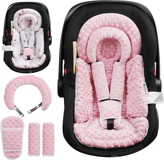 Infant Car Seat Insert with Removable Cushion for Baby Preemie Newborn Infant, Reversible carseat Insert Head Body Support Fits for Stroller, Baby Swing, Rocker, Bouncer, Bassinet - Pink