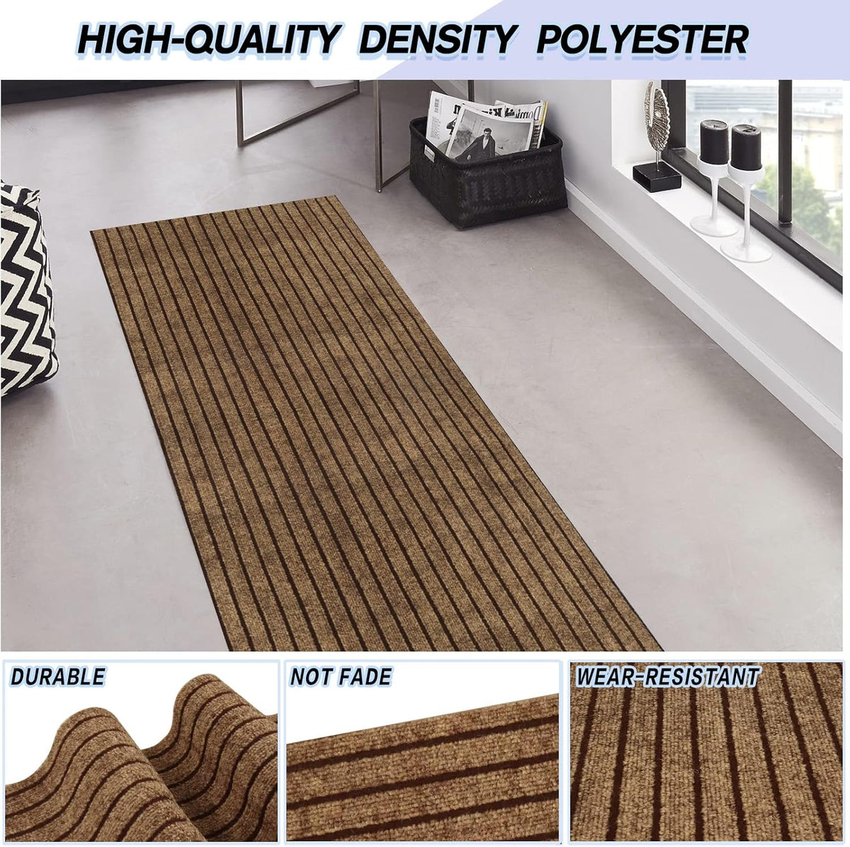 Custom Size Backed Non-Slip Area Rugs Runner, Easy Clean, Waterproof Runner Rugs for Hallway Entryway, Kitchen, Laundry, 3FT x 38FT, Brown Stripe
