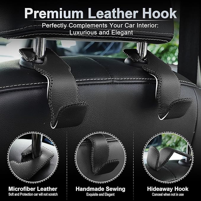 LivTee Headrest Hook for Car, Back Seat Organizer Black Leather Hanger Holder Hook, Interior Car Accessories for Hanging Purses Bags Coats, 4 Pack