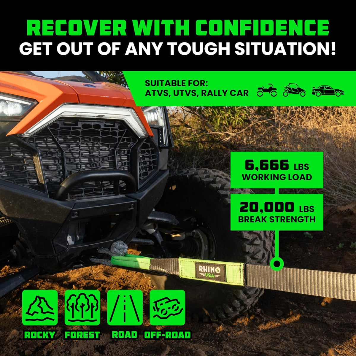 Rhino USA Recovery Tow Strap (2" x 20') - 20,024lb Break Strength - Emergency Recovery Strap Tow Rope for UTV, ATV & More - Heavy Duty Towing Strap for Offroad 4x4 Use - Compatible with RZR and Can-Am