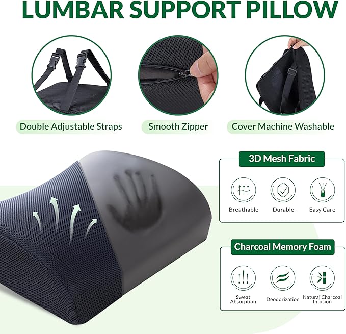 Seat Cushion & Adjustable Lumbar Support Pillow Set,Charcoal Memory Foam for Sciatica,Back & Tailbone Pain Relief,Washable Cover & Non-Slip,Ergonomic for Office Chair,Car,Wheelchair -Black