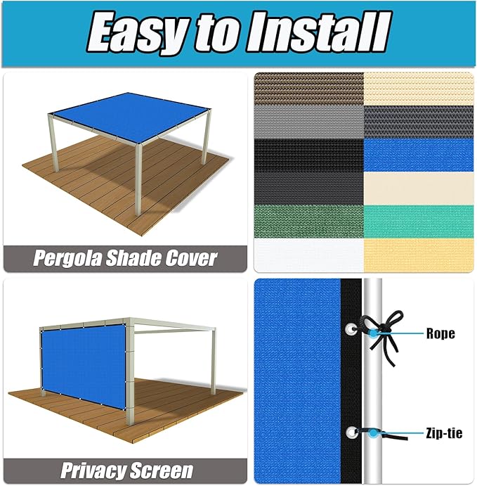 Amagenix 90% Pergola Shade Cover 7' X 7' Sun Shade Cloth with Grommets for Outdoor Garden Patio Porch, Commercial Grade 200 GSM - Cable Zip Ties Included (We Customized) GN108, Blue