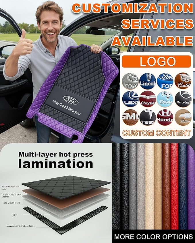 All-Weather car Floor MATS-Suitable for 99% of car Models,Leather car mat, offering Personalized Embroidery and Multiple Color Options,Provide Protection for car Rug (Purple Beige)
