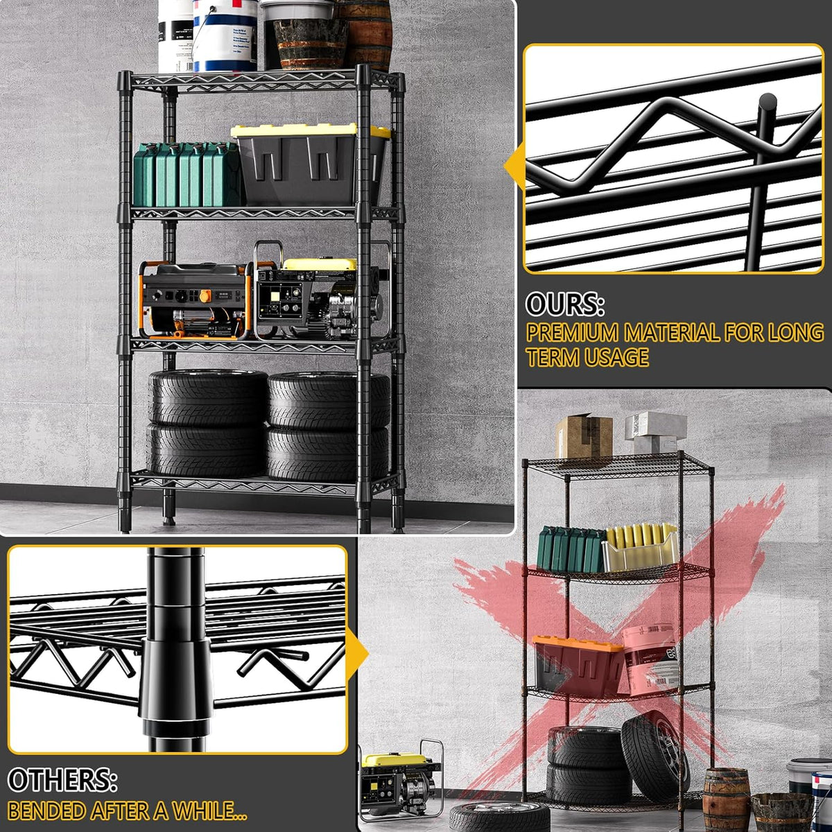 1000 lbs 4 Tier Shelf Metal Storage Shelves Wire Rack Closet Organizers for Garage Kitchen Bathroom Laundry Black 11.8" D x 25.6" W x 45.5" H