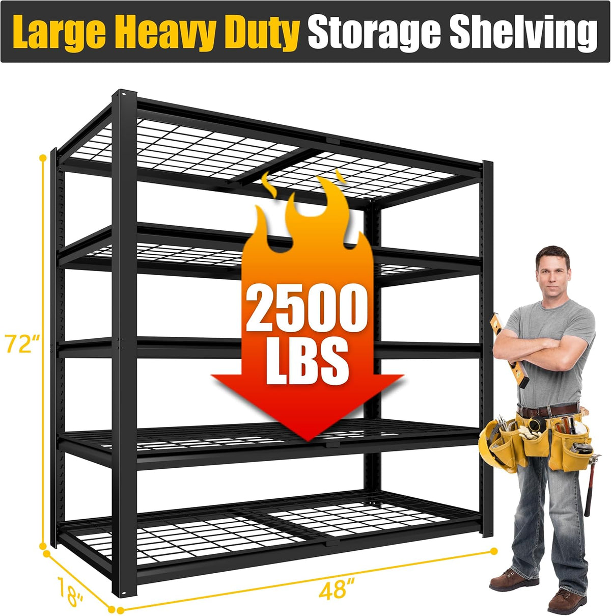 PrimeZone Heavy Duty Storage Shelves - 48" W X 18" D X 72" H Adjustable Garage Wire Shelving Unit, 5 Tier Industrial Metal Shelf Standing Utility Rack for Warehouse, Pantry, Basement, Black, 3 Pack